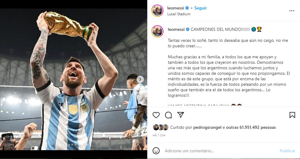 Foto de Messi com a taça da Copa do Mundo é a mais curtida da história do Instagram